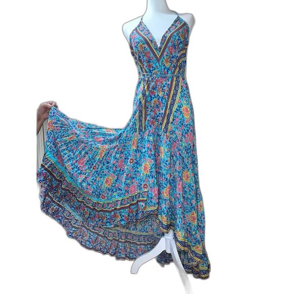 Unbranded Dresses & Skirts - Boho Maxi Dress Blue Floral Flowy Halter Deep V Open Back Hi-Low Ruffle Gypsy